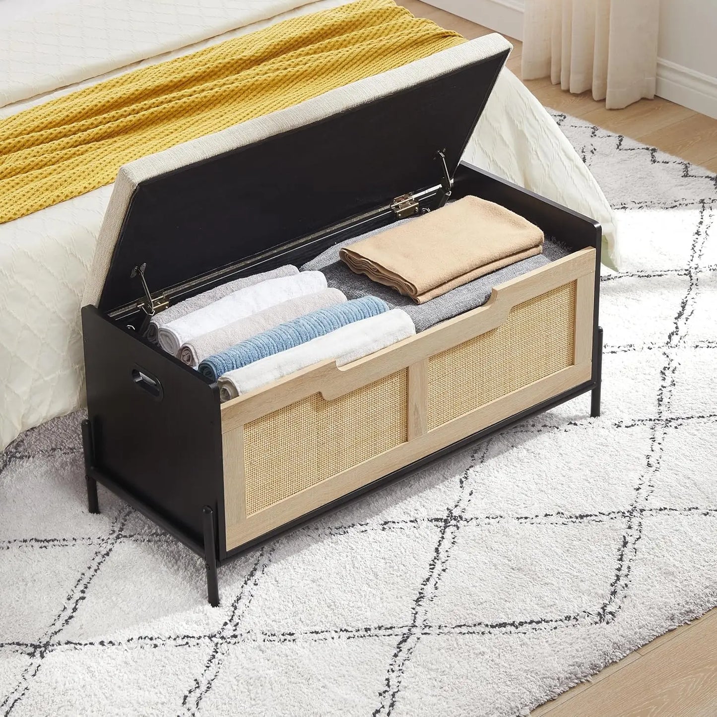HobbyLane Rattan Storage Bench With Cushioned Seat For Entryway