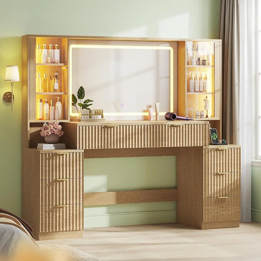 Fluted Wood Vanity Desk With Mirror LED Lights Charging Station
