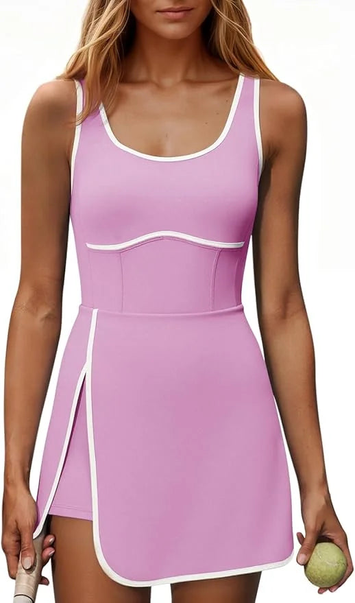 Fisoew Womens Tennis Dress Built In Bra Sleeveless Athletic Sportswear