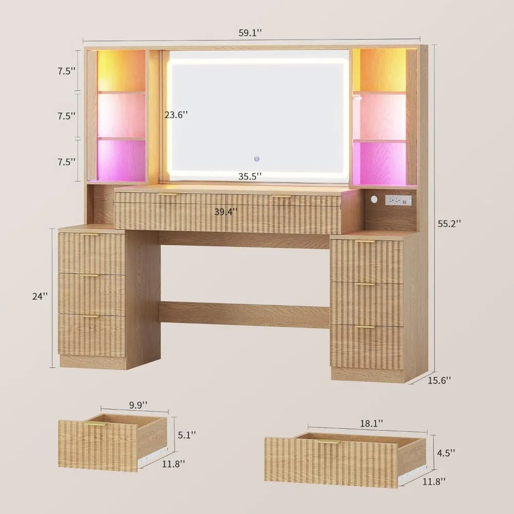 Fluted Wood Vanity Desk With Mirror LED Lights Charging Station