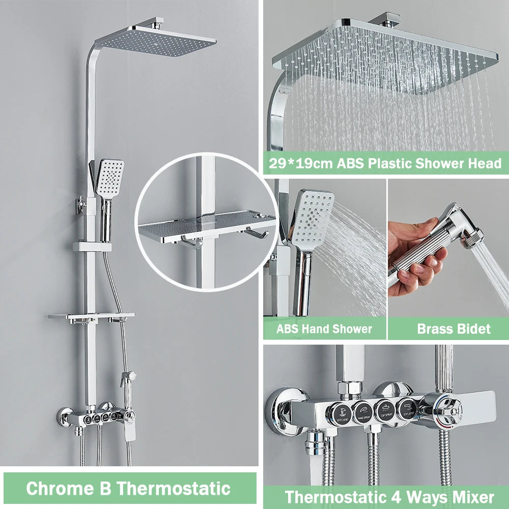 Rozin Thermostatic Shower Faucet Set Wall Mounted Digital Mixer Rainfall Bidet