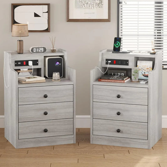 Nightstand Set With Charging Station And Hutch For Bedroom