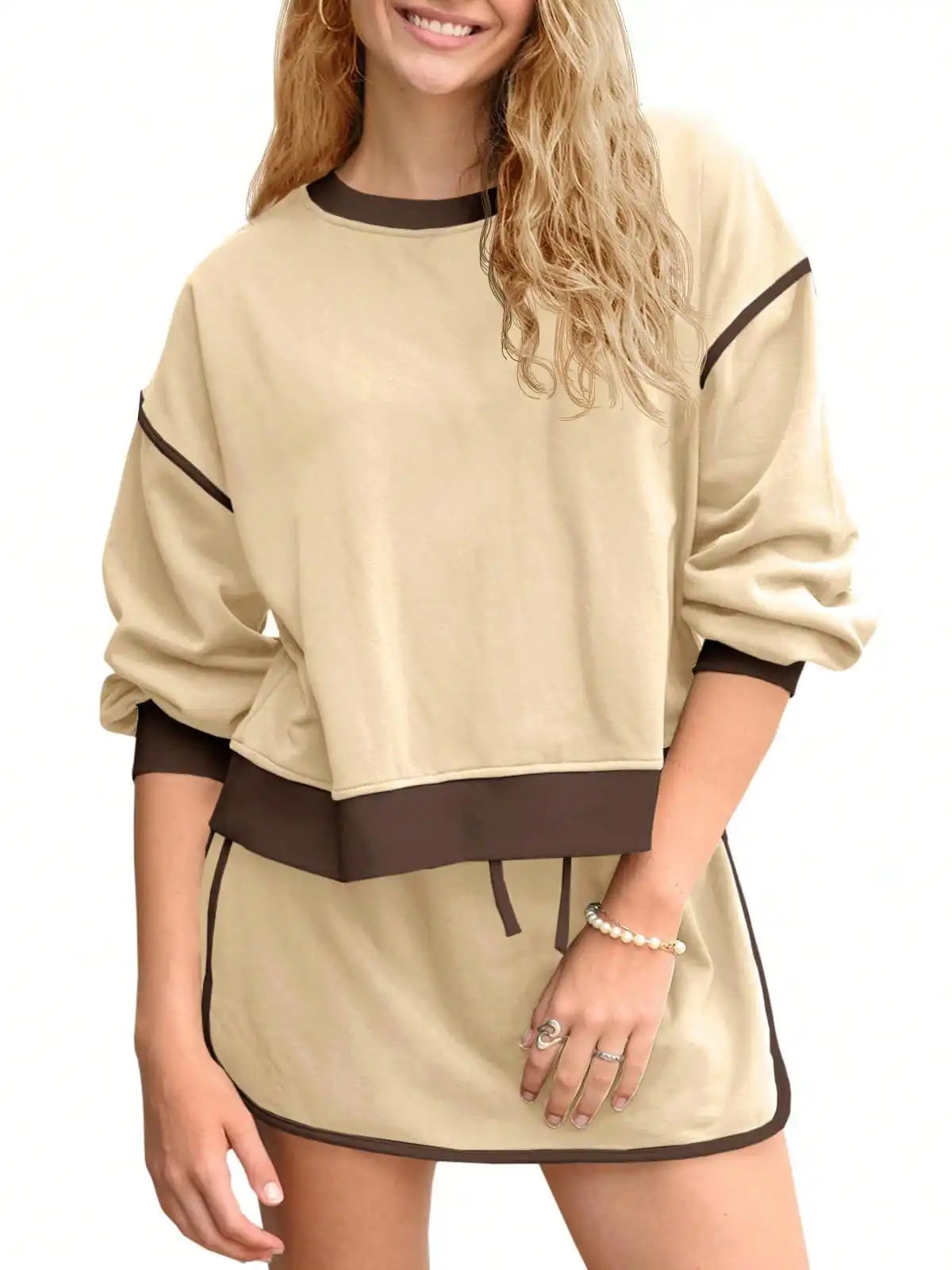 Fisoew Women's 2 Piece Crewneck Sweatshirt Skort Sweatsuit Lounge Set