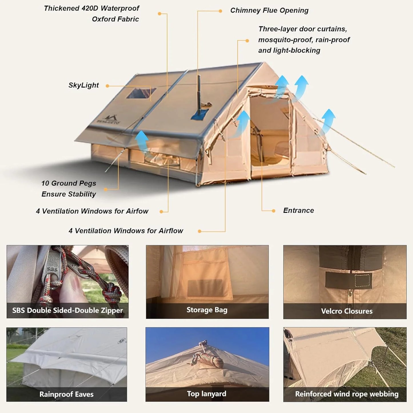 Senleeto Portable Inflatable Camping Tent with Skylight
