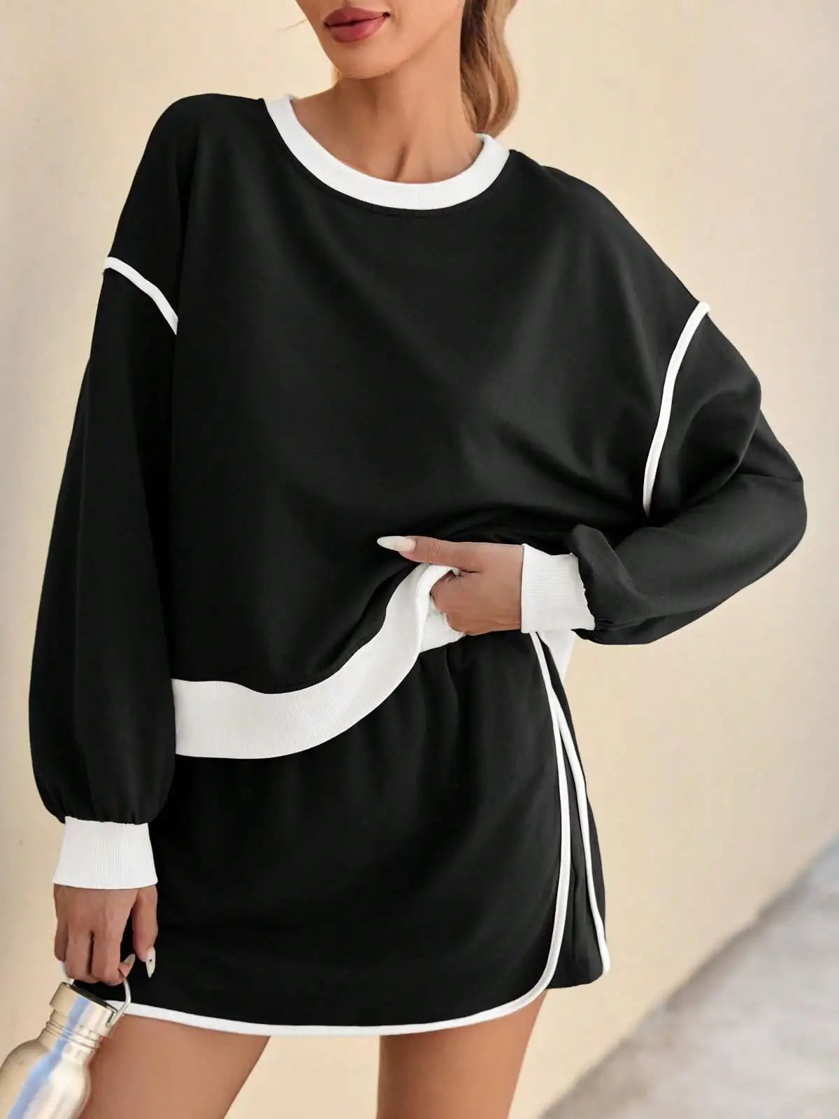 Fisoew Women's 2 Piece Crewneck Sweatshirt Skort Sweatsuit Lounge Set