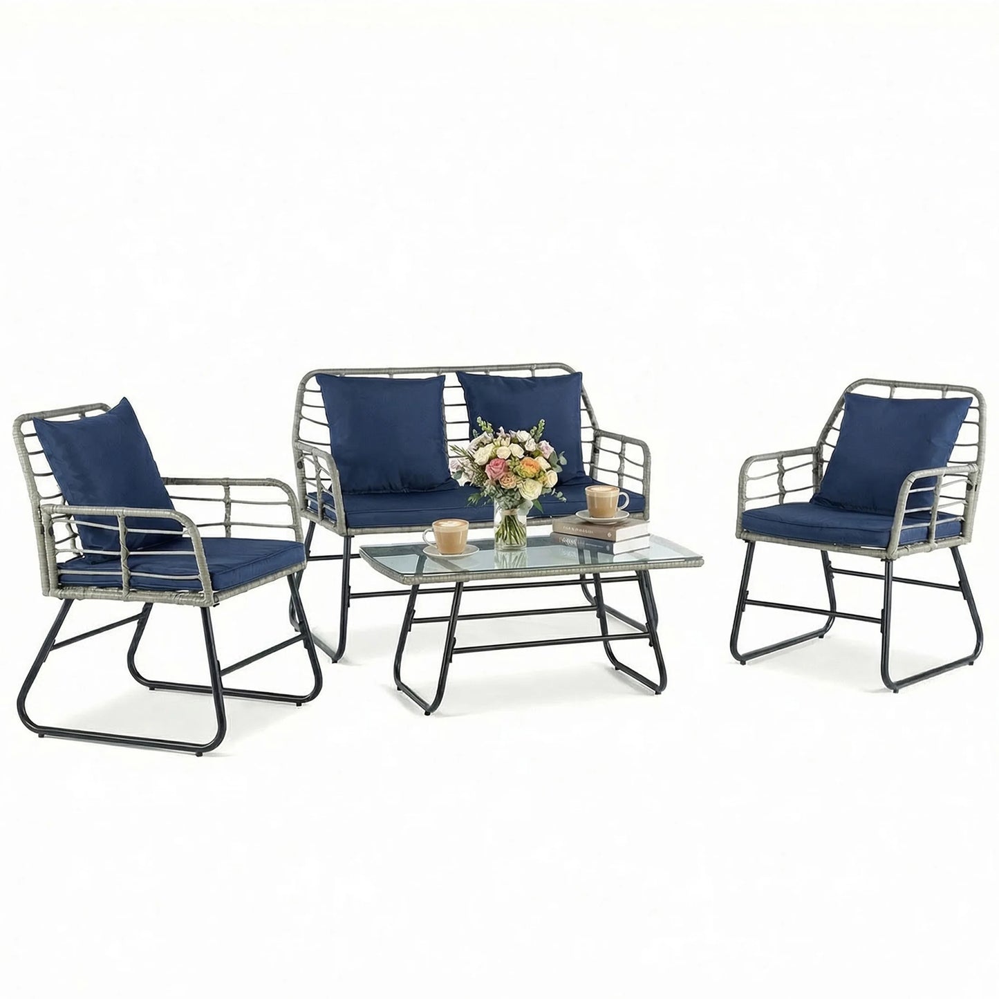 JHK Outdoor Wicker Patio Set for Garden with Glass Table