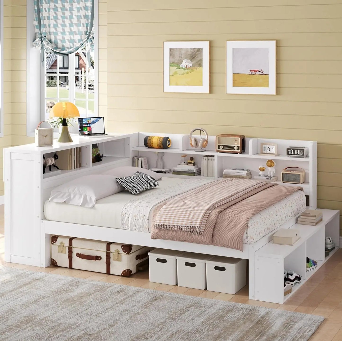 Daybed With Desk, Cabinet And USB Charging Storage