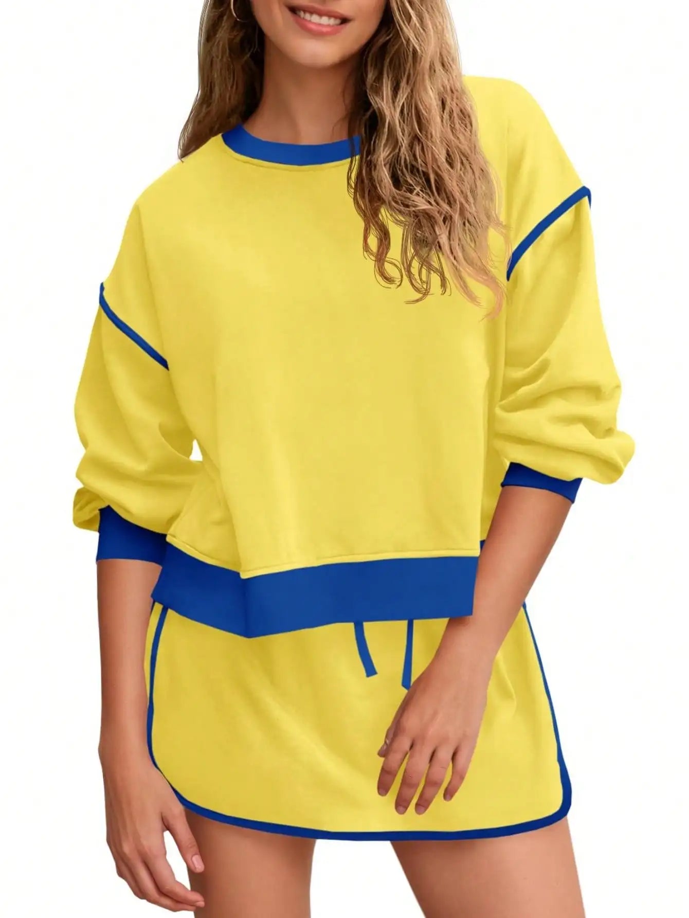 Fisoew Women's 2 Piece Crewneck Sweatshirt Skort Sweatsuit Lounge Set