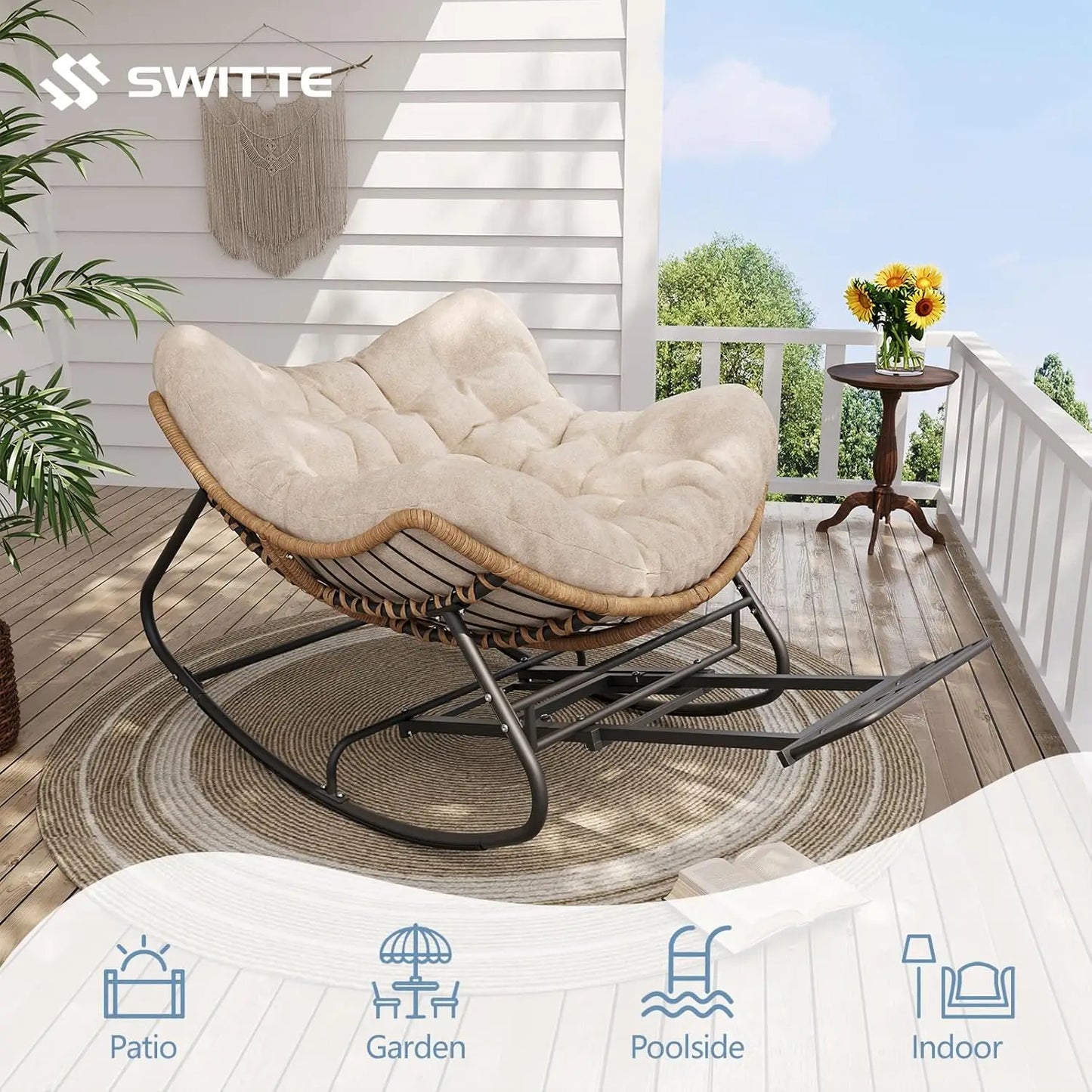 Rattan Rocking Chair With Footrest Cushioned Outdoor Patio Lounge