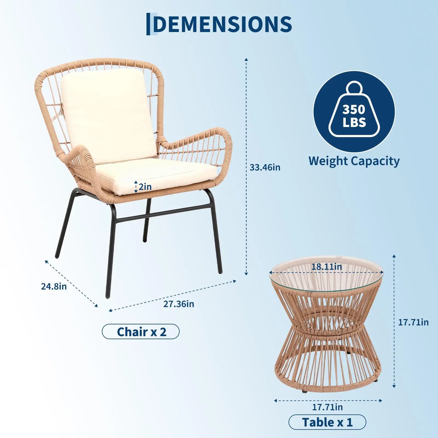HobbyLane Boho 3 Piece Outdoor Patio Rattan Set With Glass