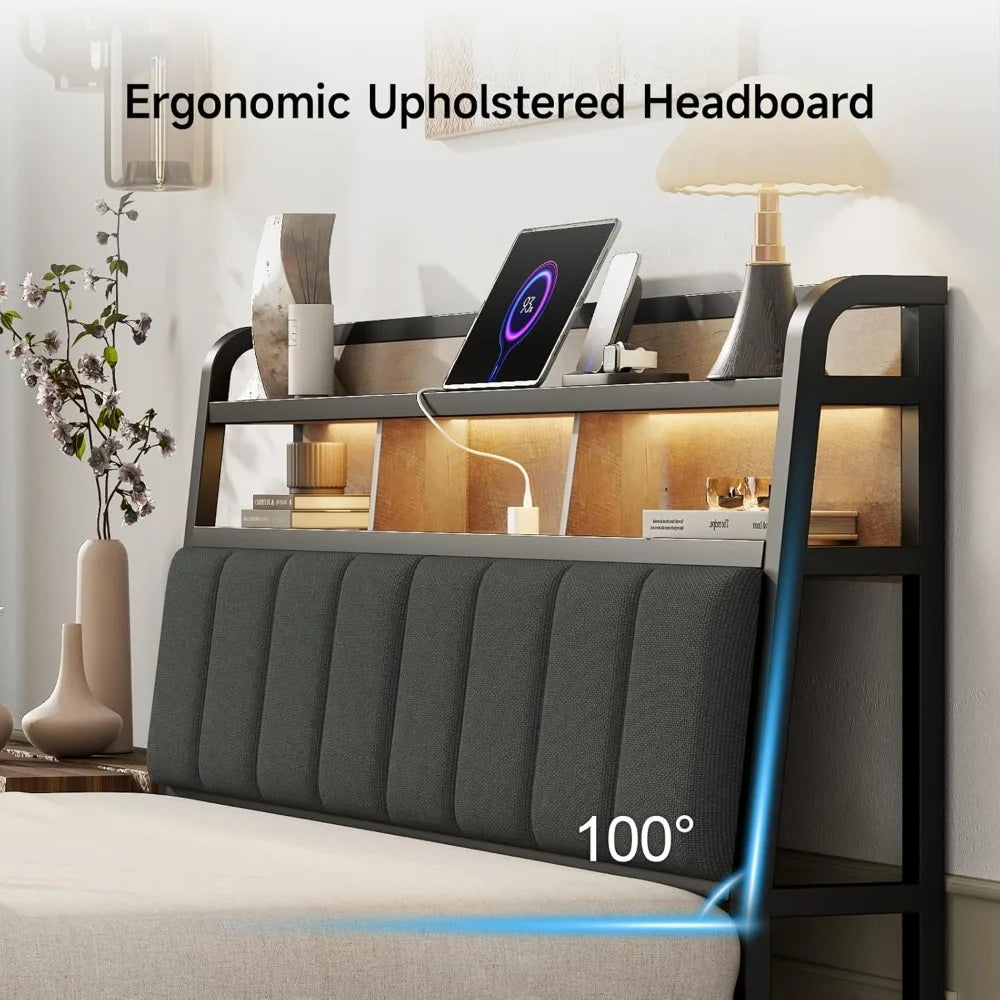 Queen Upholstered Headboard With Led Lights And Charging Station