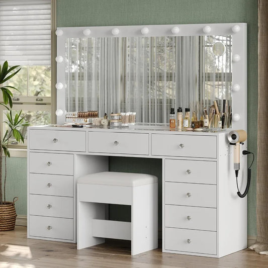 11-Drawer Makeup Vanity Desk With Charging Station And LED Mirror