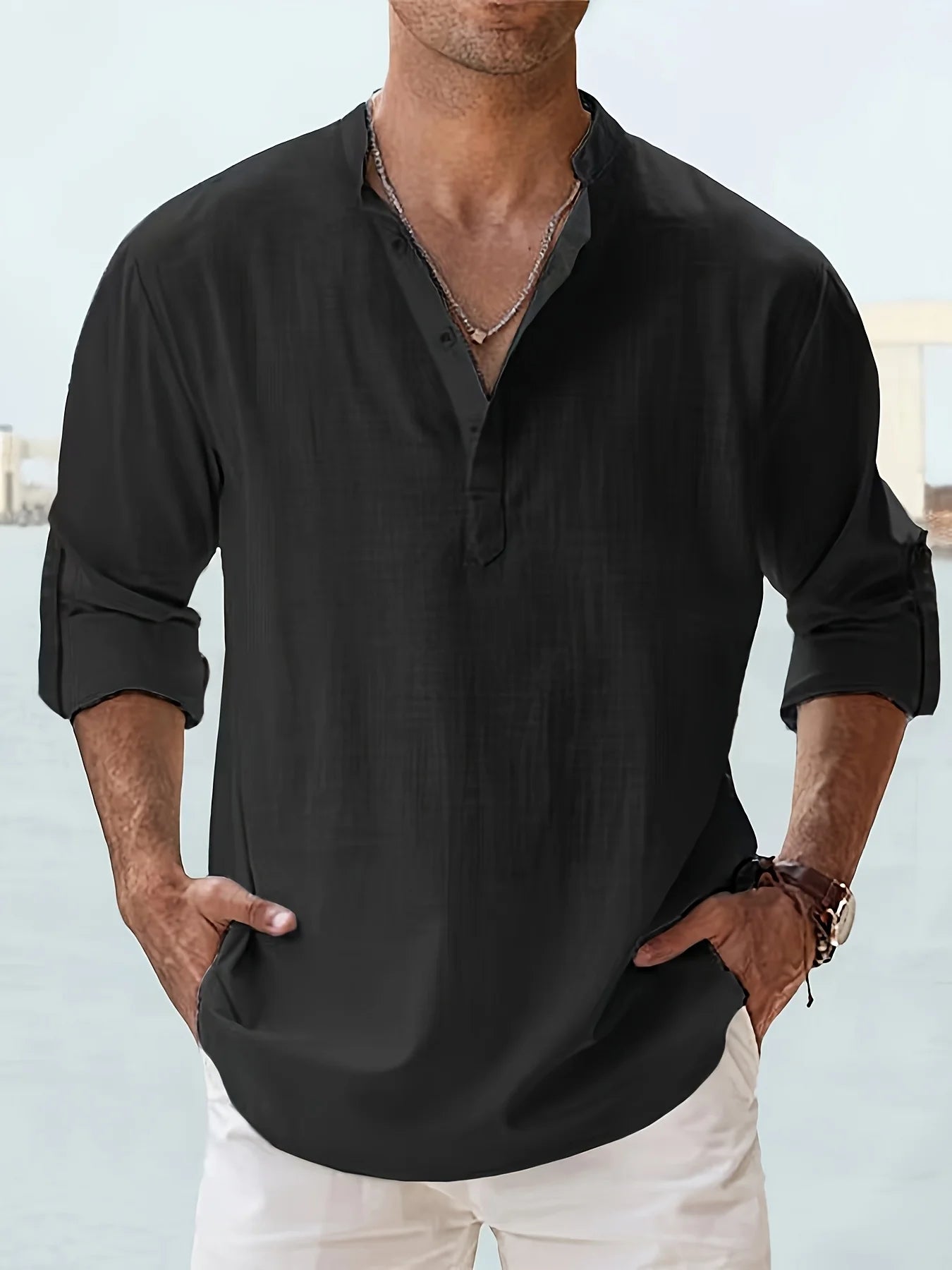 Mens Long Sleeve Cotton Linen Shirt Loose Fit Summer Wear