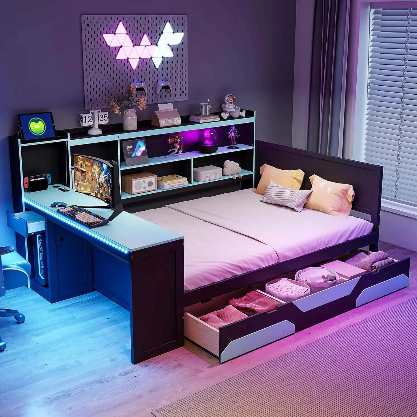 Daybed With Desk, Cabinet And USB Charging Storage