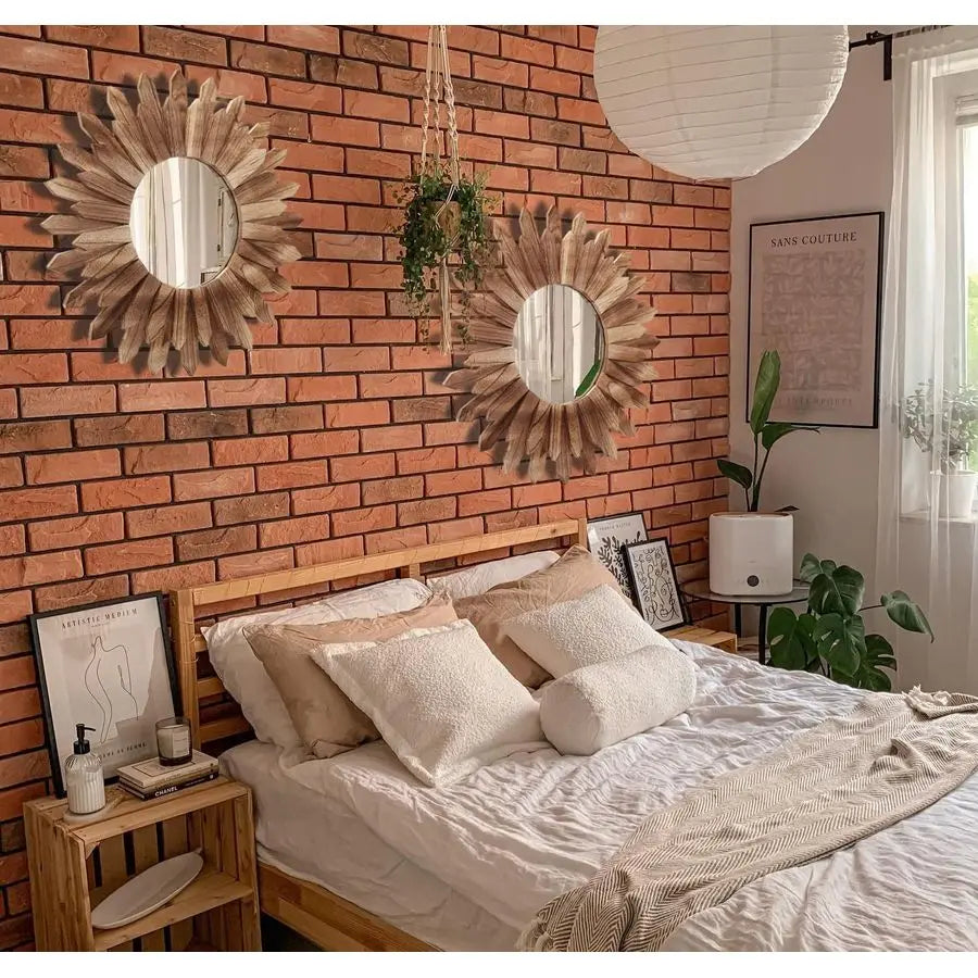 Boho Sunburst Wall Mirror Rustic Wood Decor Two Pack