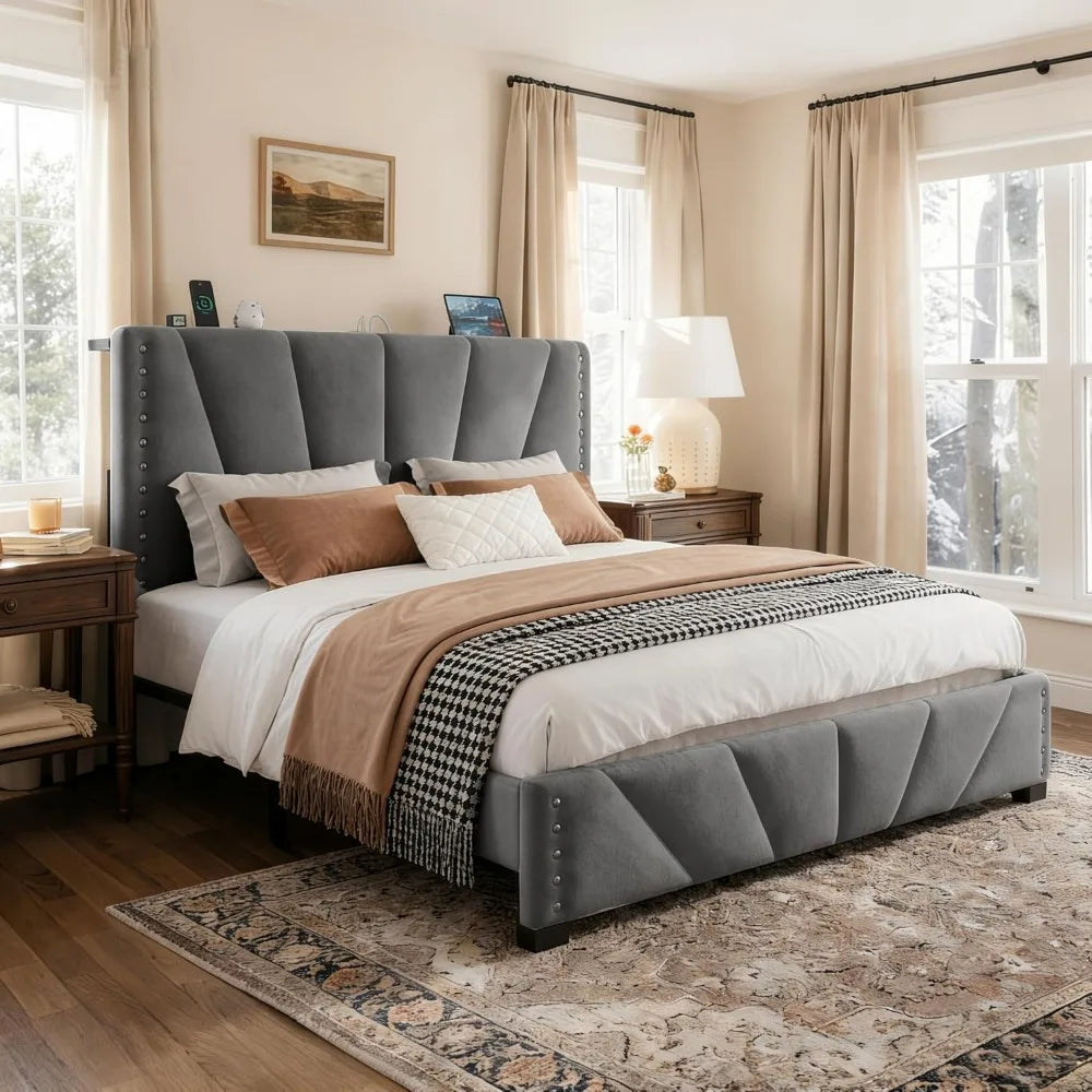Queen Bed Frame With Headboard USB Charging LED Lights
