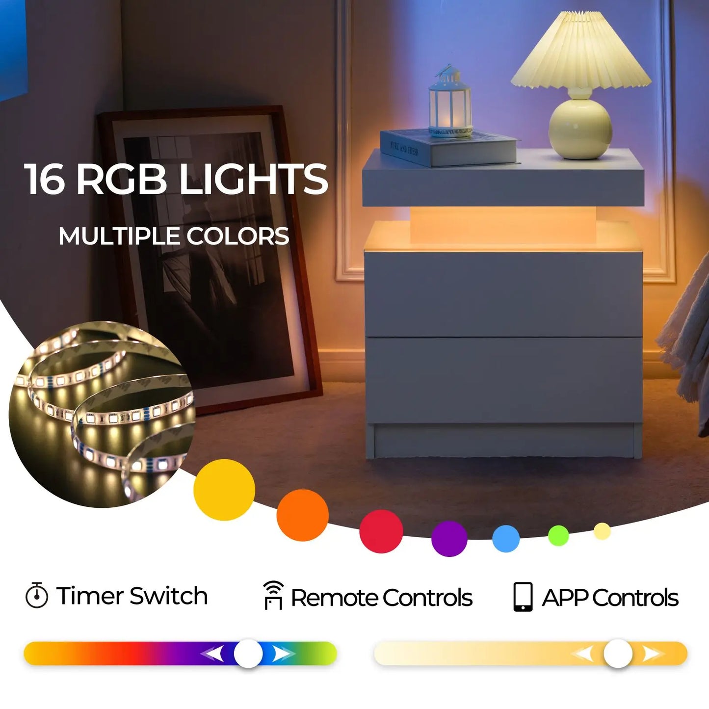 Cubehom LED Nightstand Set Of 2 With Drawers Bedside Table