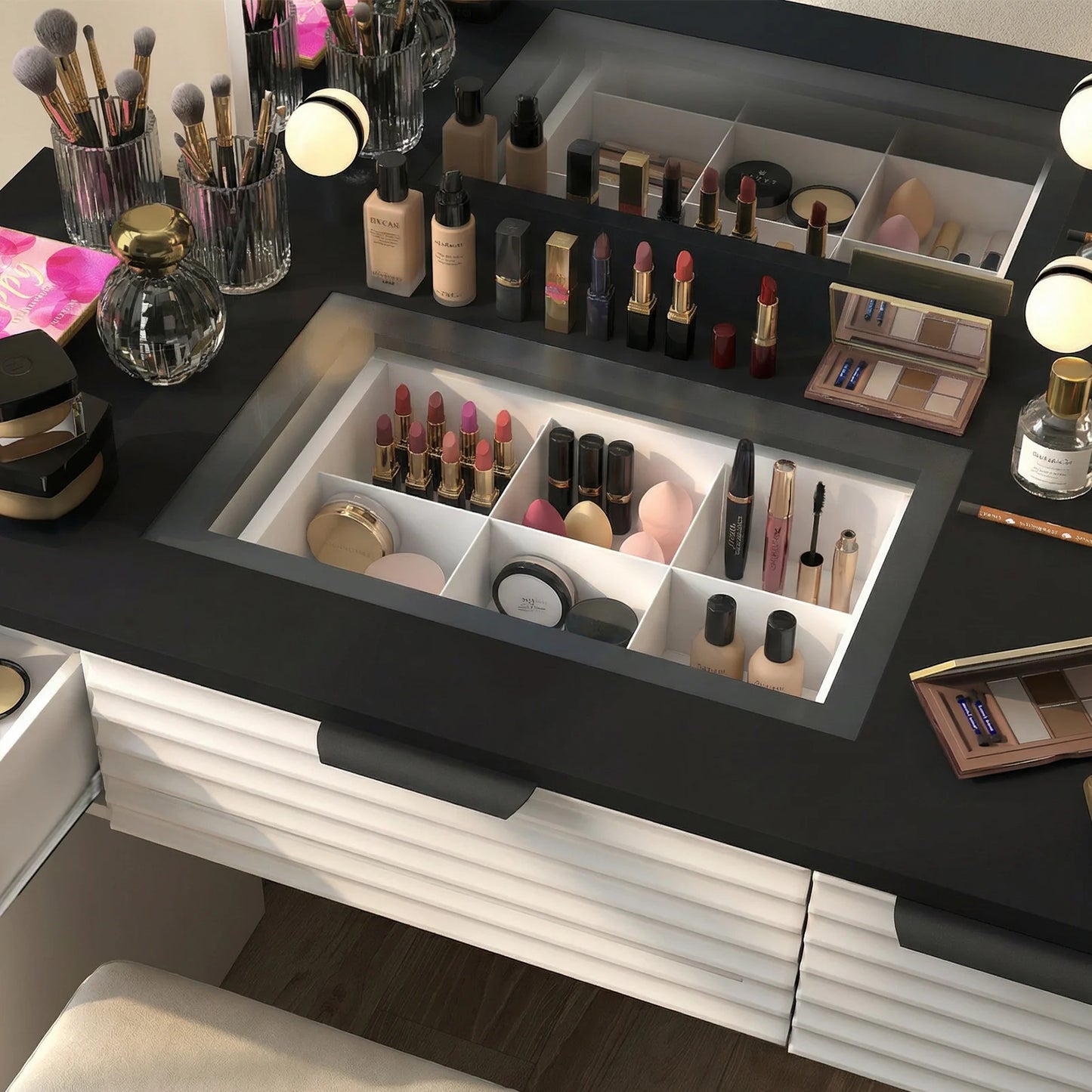 Modern Vanity Desk Chair Set Mirror Light Power Outlet