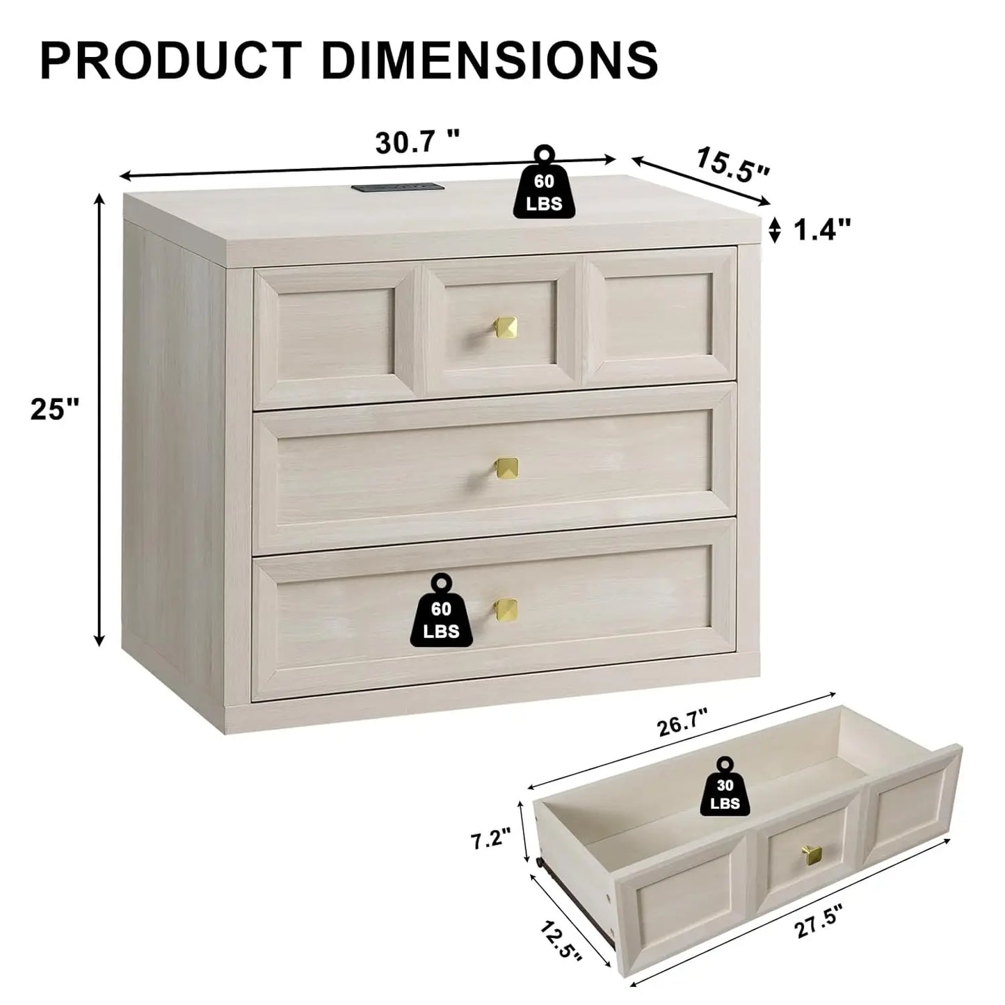 Bedside Nightstand With 3 Drawers And Charging Station