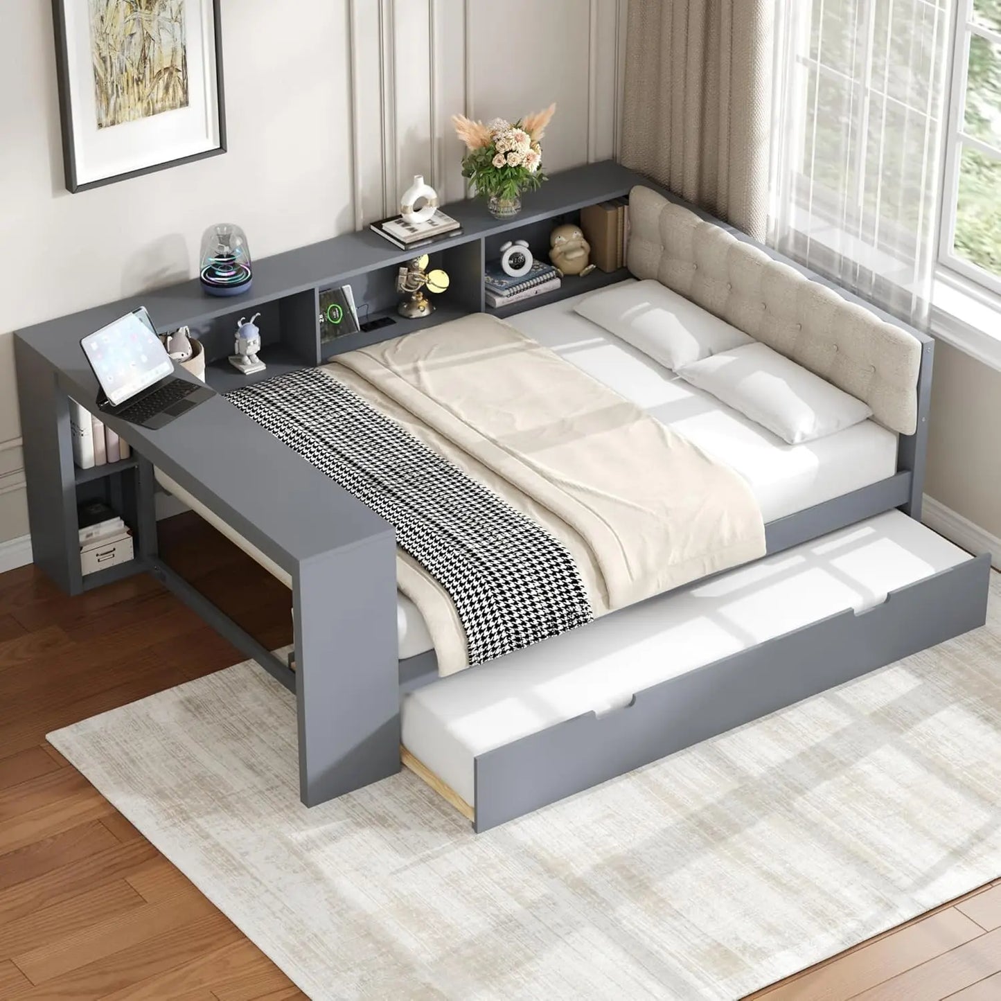 Daybed With Desk, Cabinet And USB Charging Storage