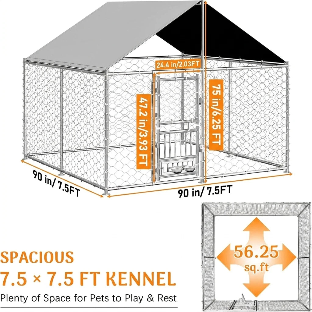 Heavy Duty Outdoor Dog Kennel With Dual Opening Rotating Bowls
