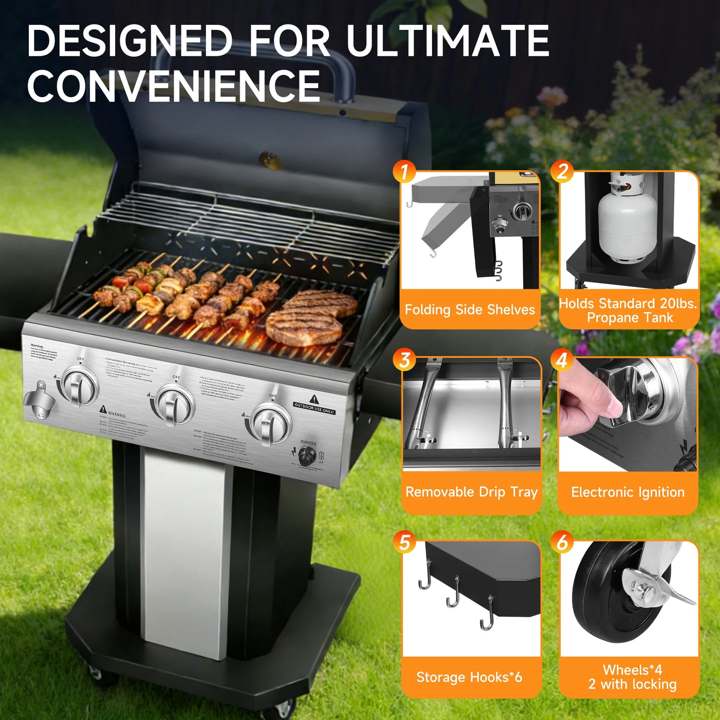Propane 3 Burner Gas Grill With Warming Rack And Wheels