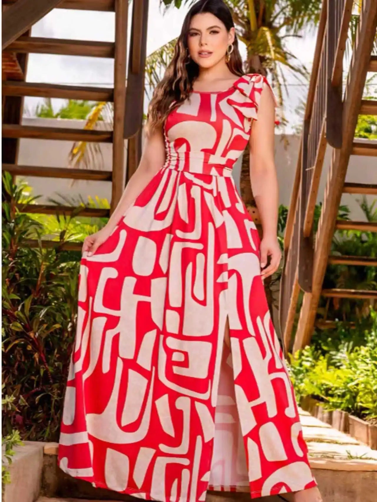 Elegant Sleeveless Geometric Print Maxi Dress Side Bow Summer Vacation