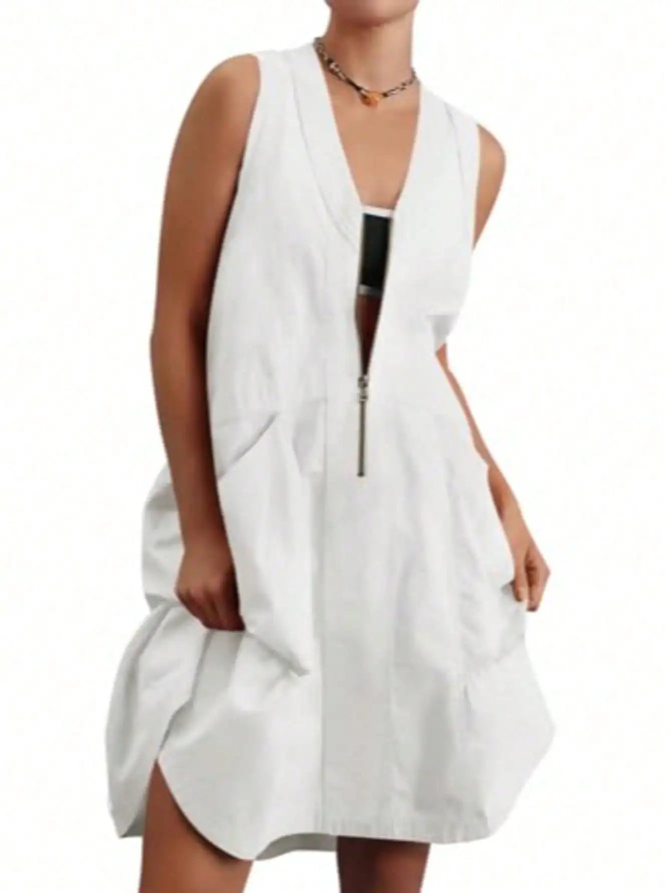 Fisoew Women Sleeveless V Neck Summer Dress With Convenient Pockets
