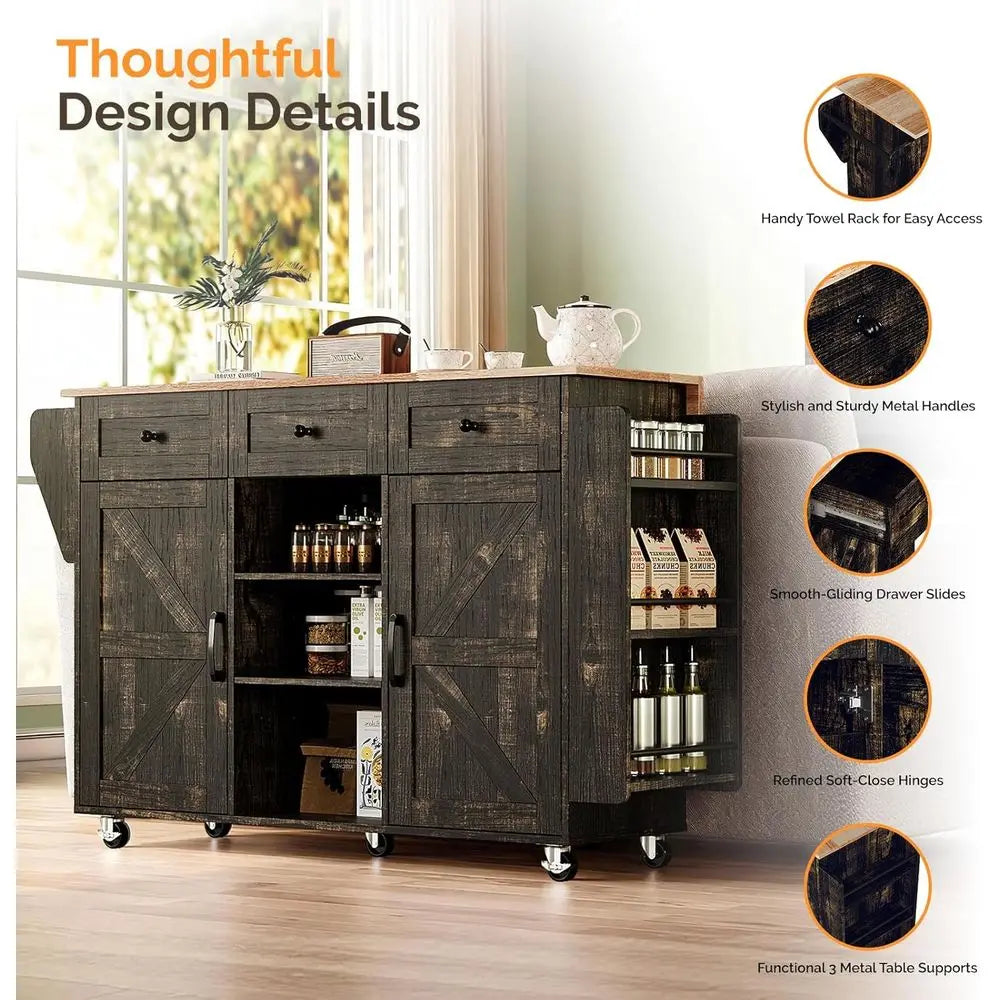 Rolling Kitchen Island Cart 3 Drawers Shelves Drop Leaf Towel And Spice Racks