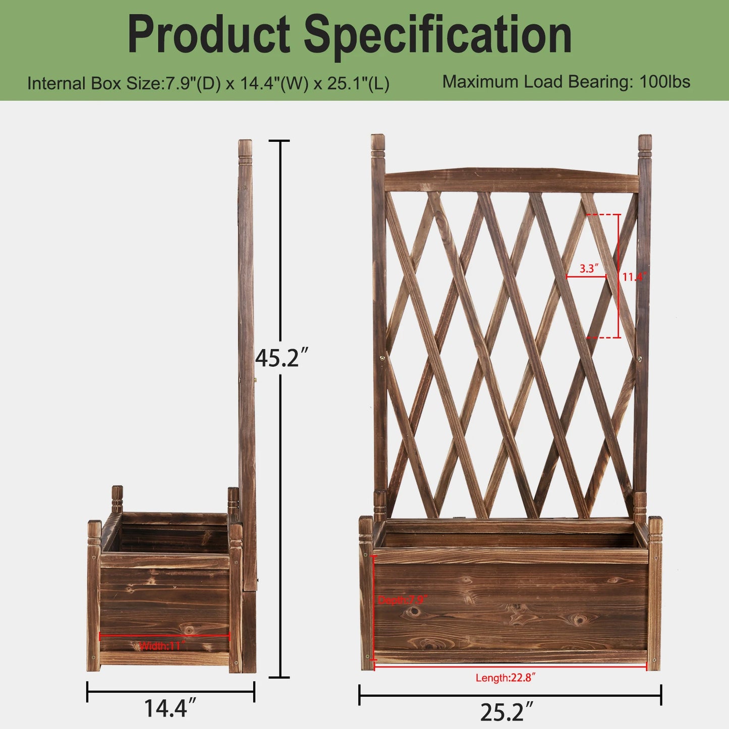 Elevated Wooden Garden Planter Box With Integrated Trellis
