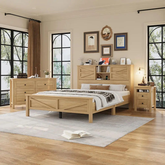 YTYIN Farmhouse Bedroom Set With Platform Bed Nightstand And Dresser