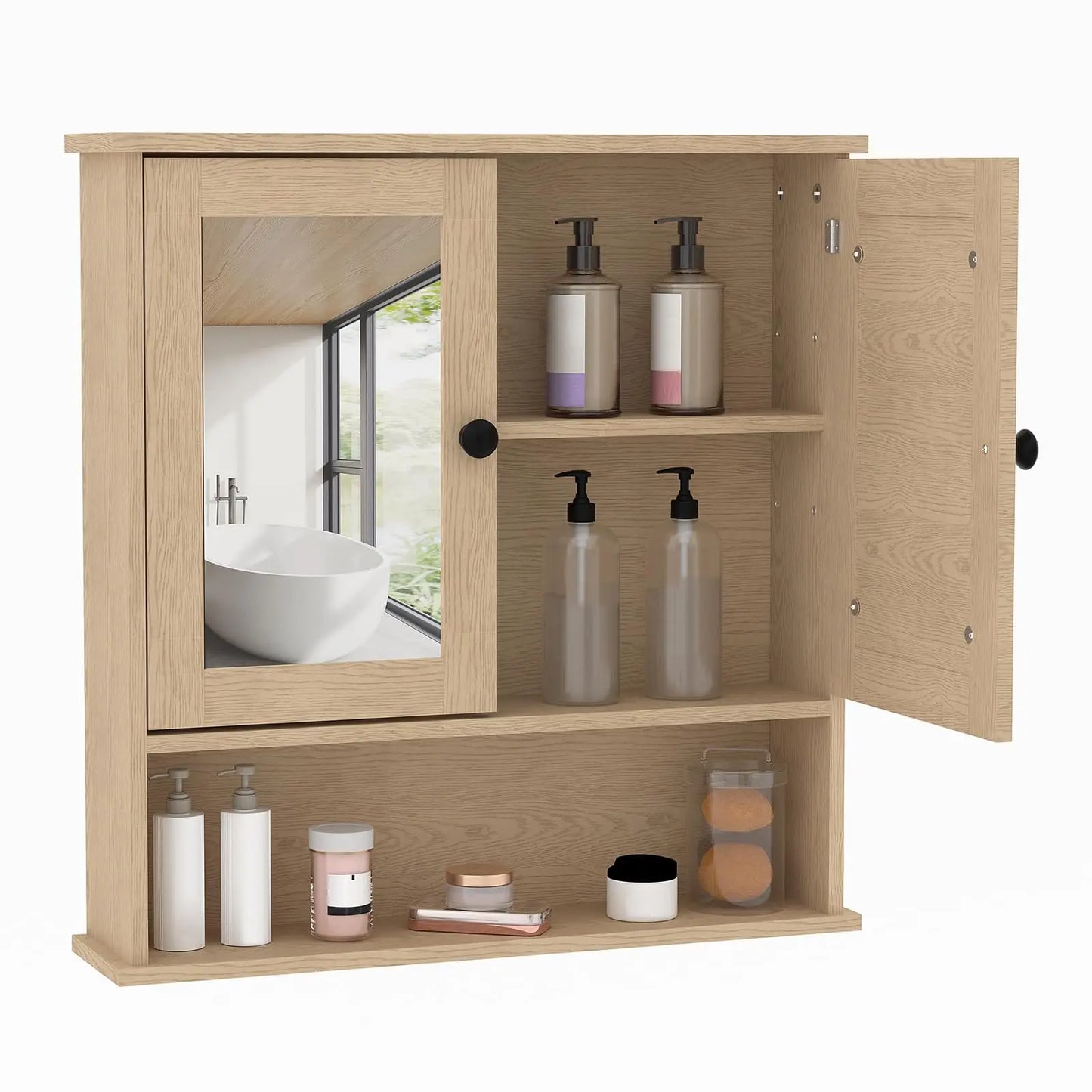 HiMISS Wooden Wall Mounted Bathroom Cabinet With Mirror Doors