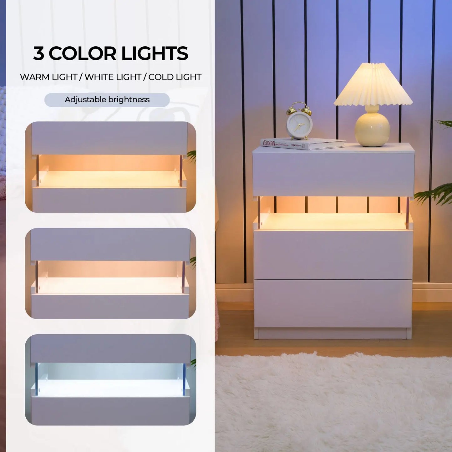 Cubehom Bedside Tables Set With LED Lighting For Bedroom