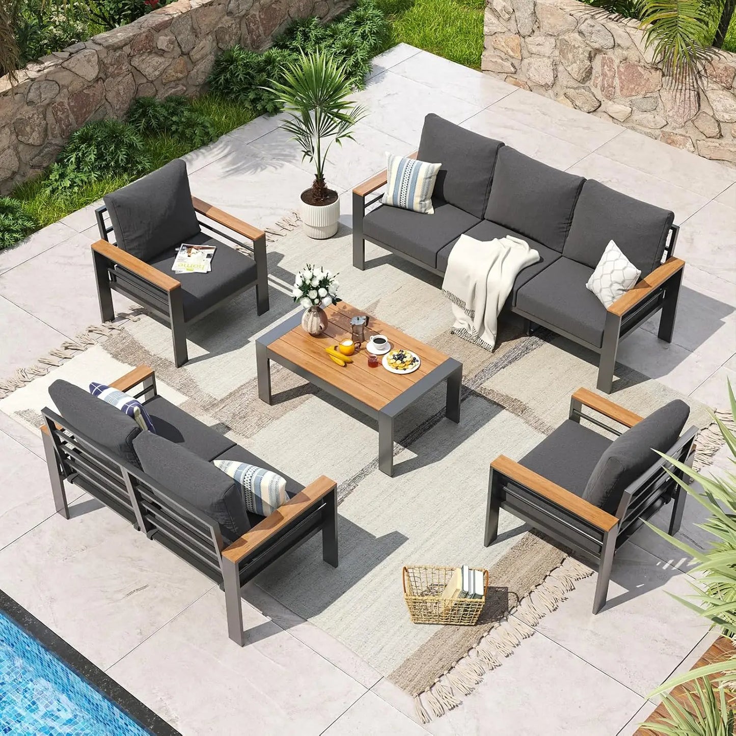 Aluminum Outdoor Patio Furniture Set With Cushioned Sectional And Table