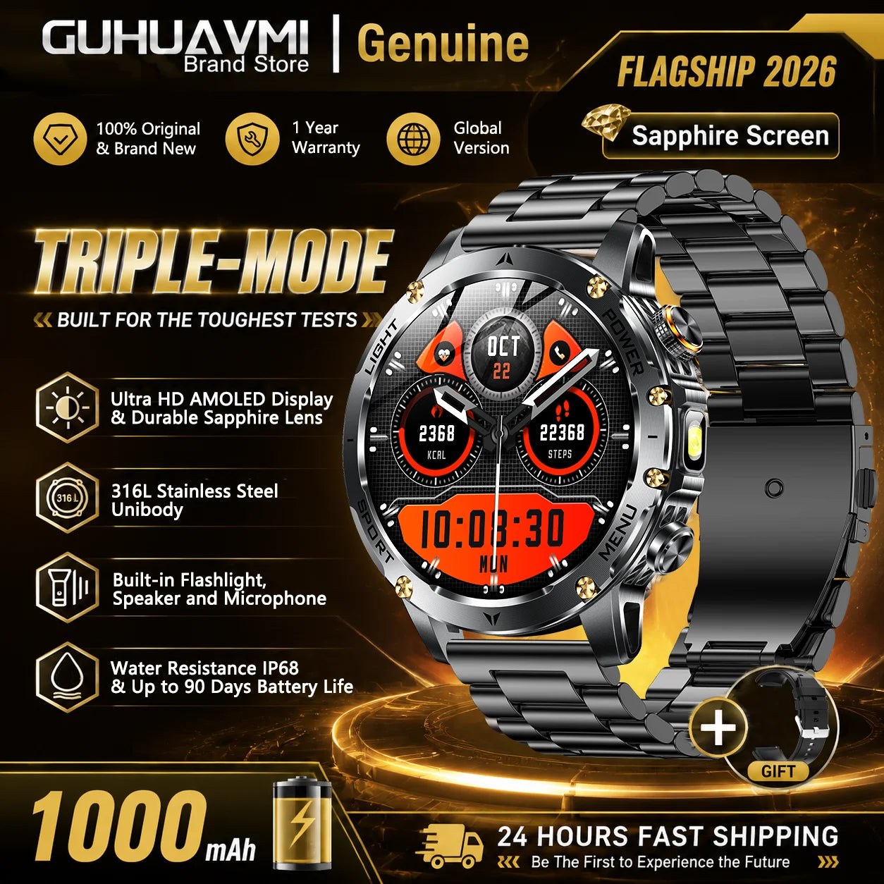 Outdoor Mens Smart Watch IP68 Waterproof Heart Rate Blood Oxygen