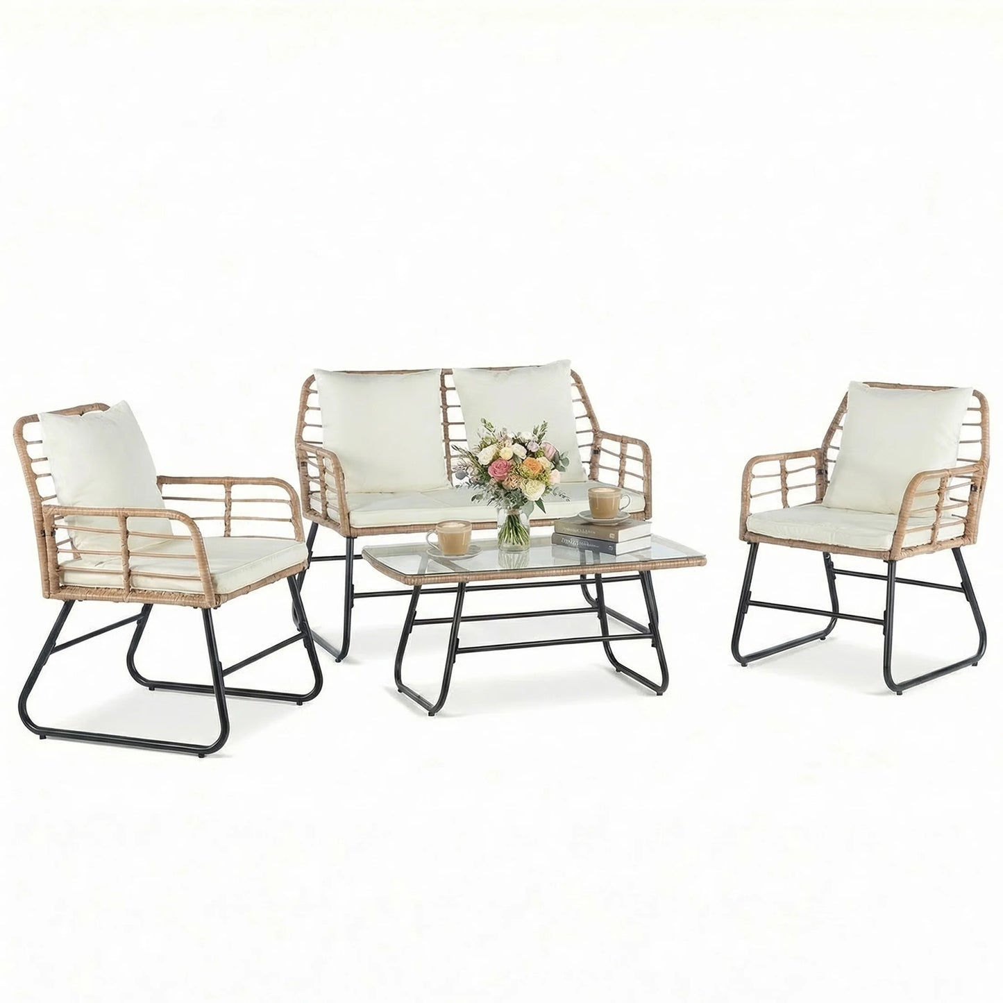 JHK Outdoor Wicker Patio Set 4-Piece With Glass Table