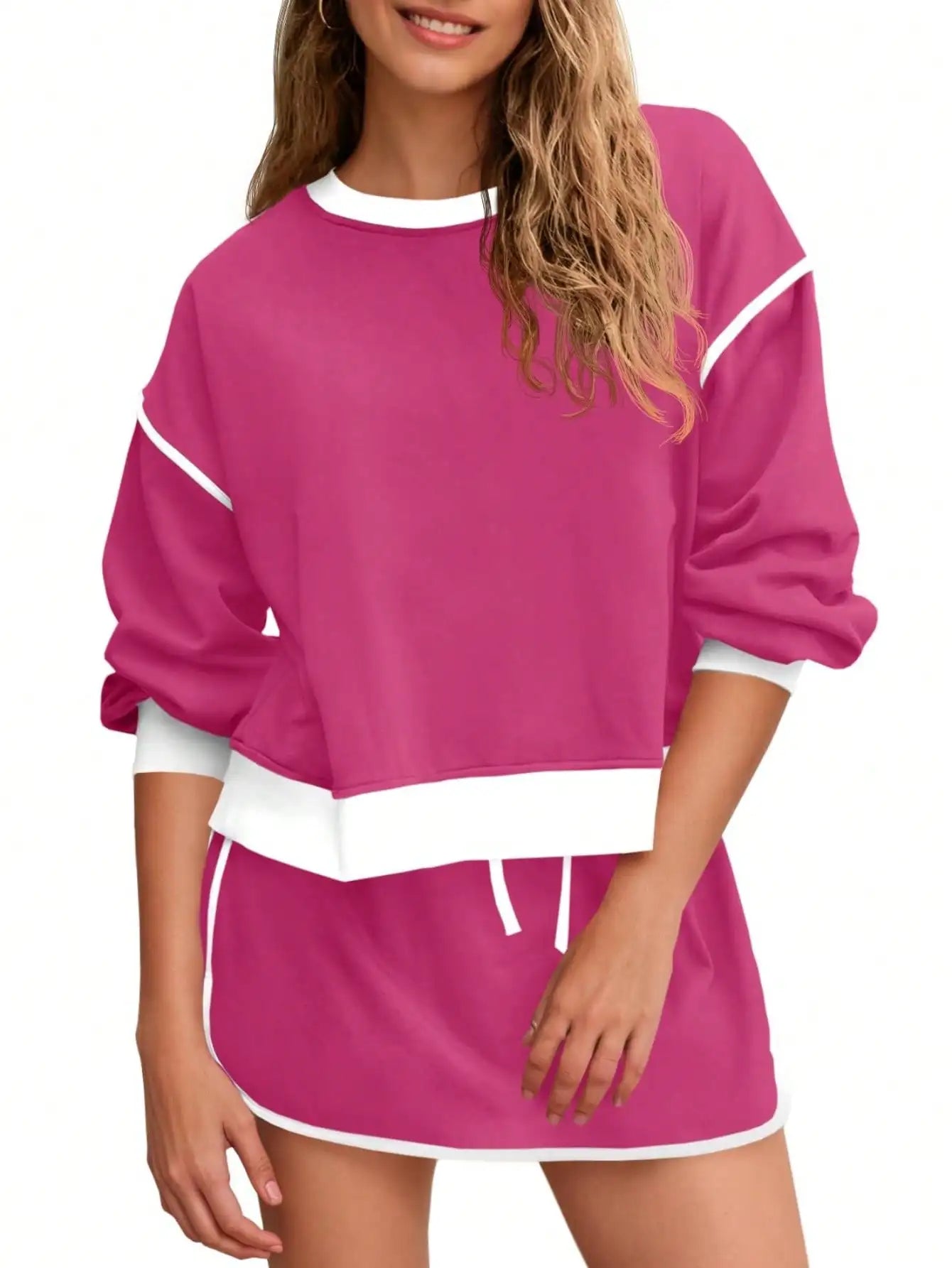 Fisoew Women's 2 Piece Crewneck Sweatshirt Skort Sweatsuit Lounge Set