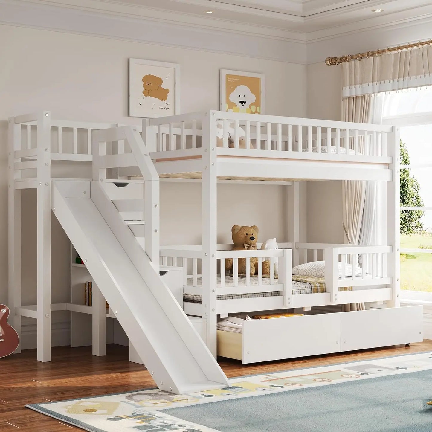 Twin Over Twin Bunk Bed With Slide Staircase And Storage