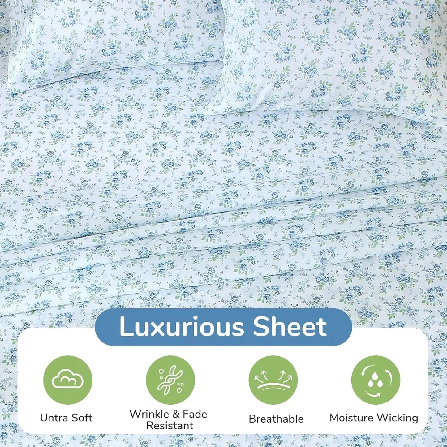 Blossoms Pattern 4-Piece Sheet Set Soft Breathable Wrinkle-Free Bedding
