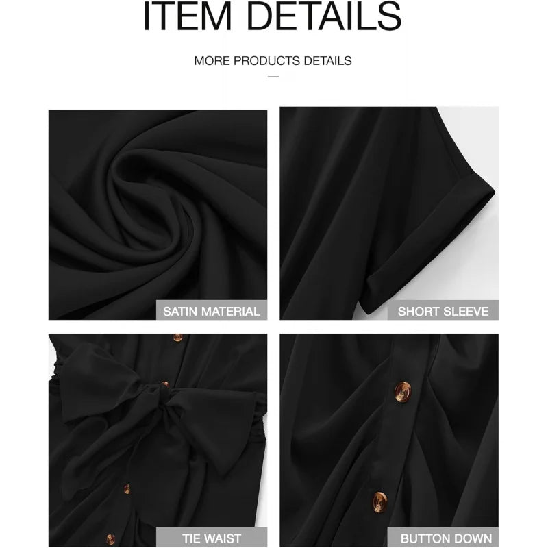 Elegant Women Summer Satin Midi Dress V Neck Short Sleeve