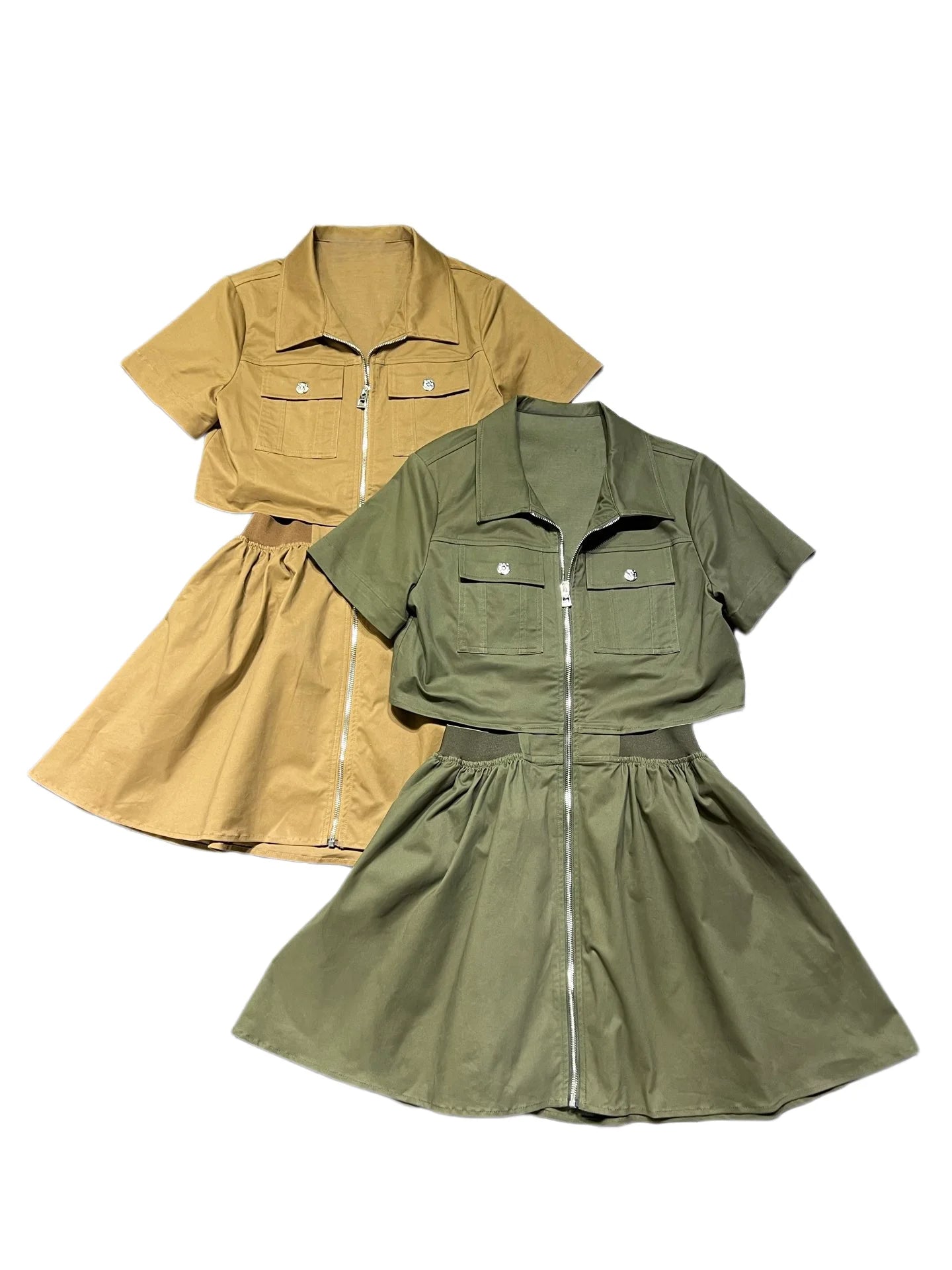 Women Short Sleeve Stand Collar Zipper Pleated Cotton Loose Dress