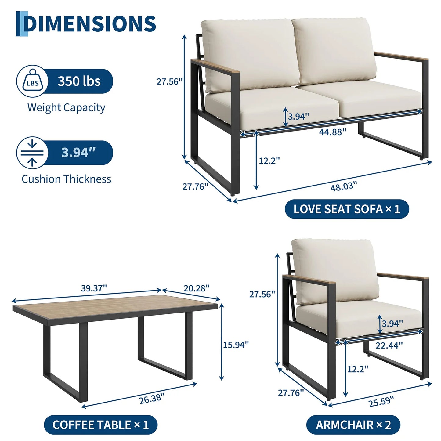 HobbyLane Modern 4-Piece Outdoor Patio Furniture Set With Coffee Table