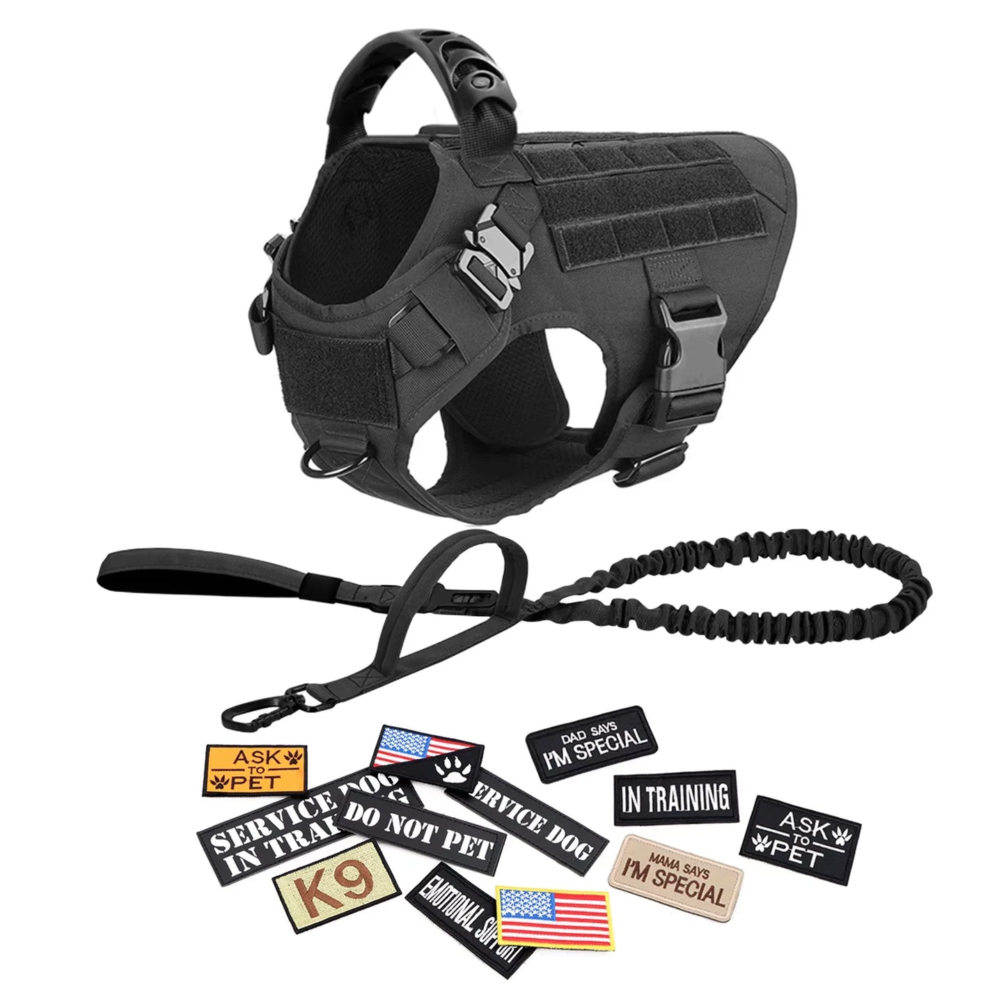 Military Large Dog Harness Vest Set With Leash And Patches