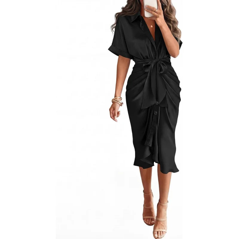 Elegant Women Summer Satin Midi Dress V Neck Short Sleeve