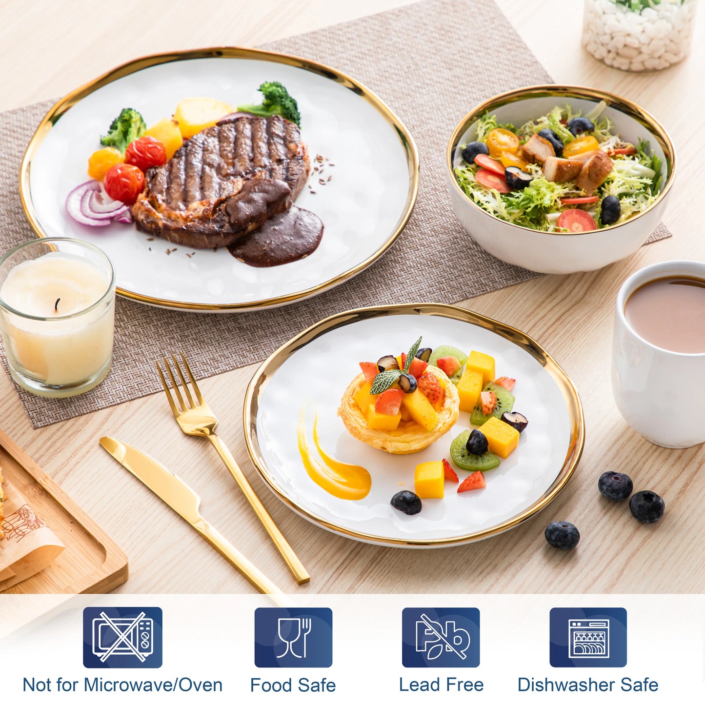 MALACASA White Handmade Stoneware Dinnerware Set With Gold Trim