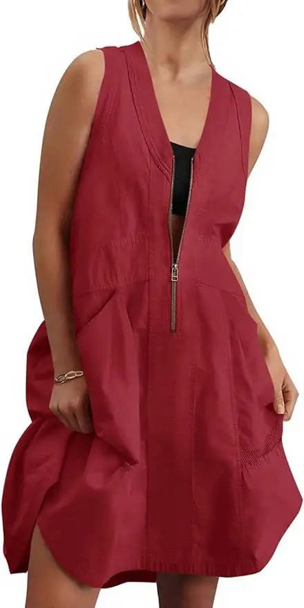 Fisoew Women Sleeveless V Neck Summer Dress With Convenient Pockets