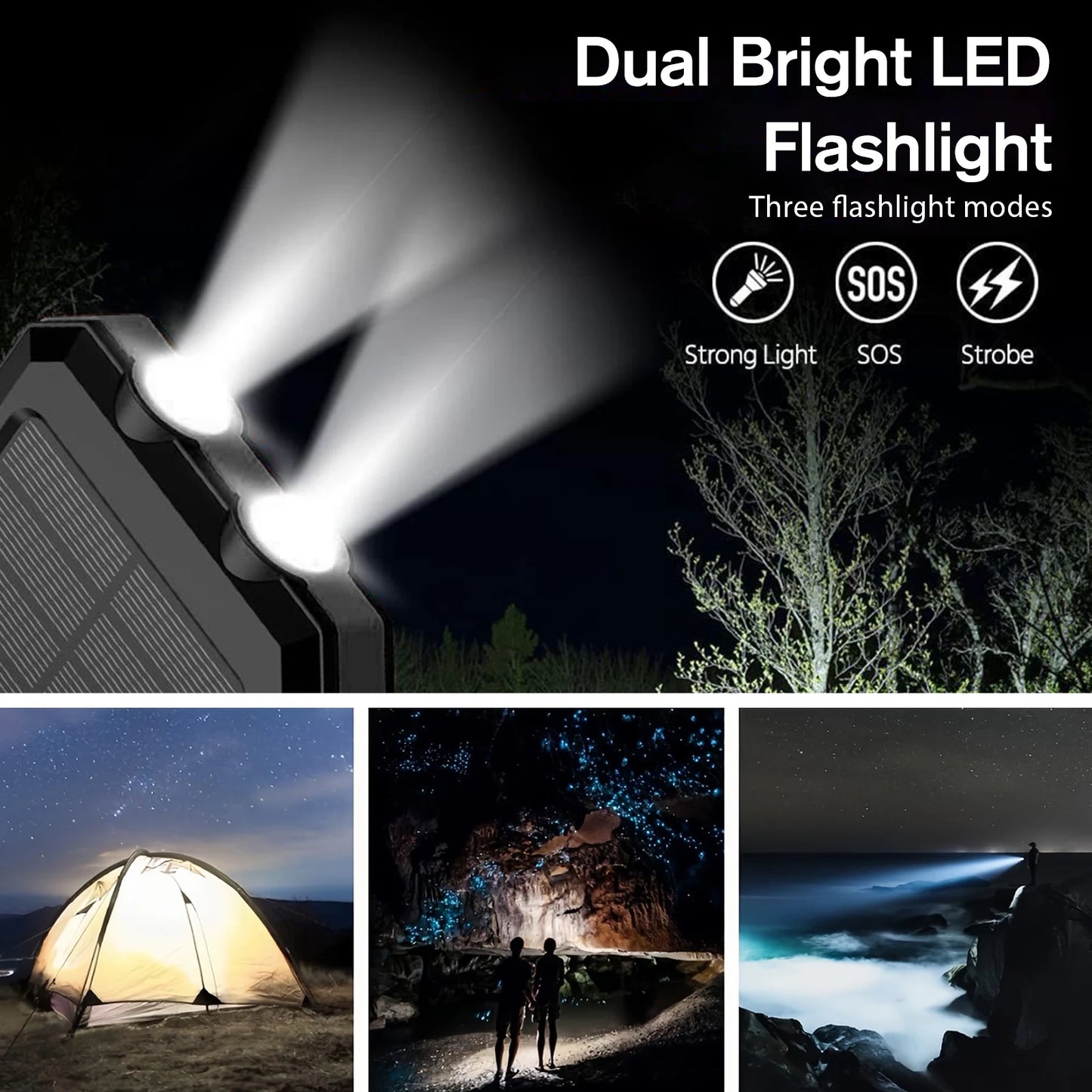 30000mAh Solar Power Bank With Dual USB Ports And LED Light For iPhone