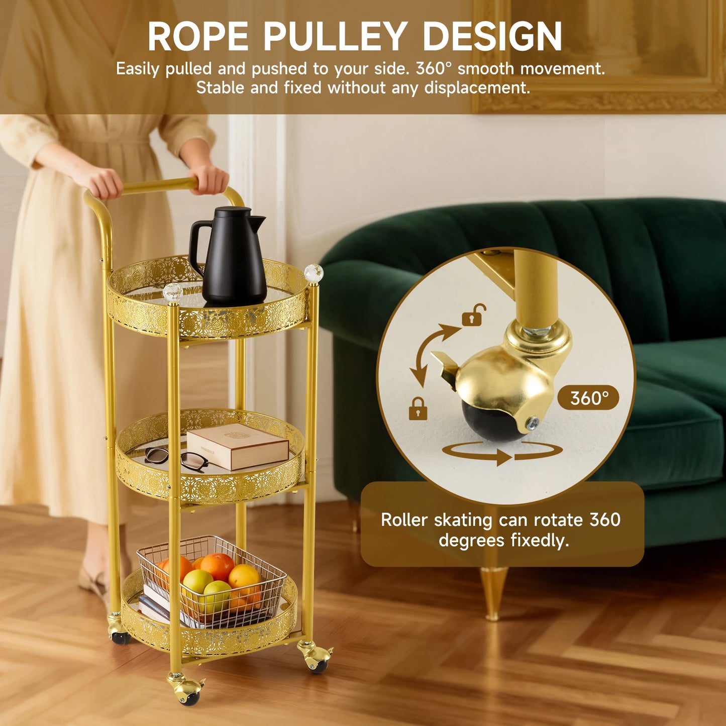 Tempered Glass Rolling Bar Cart With Lockable Casters And Mirror Holders