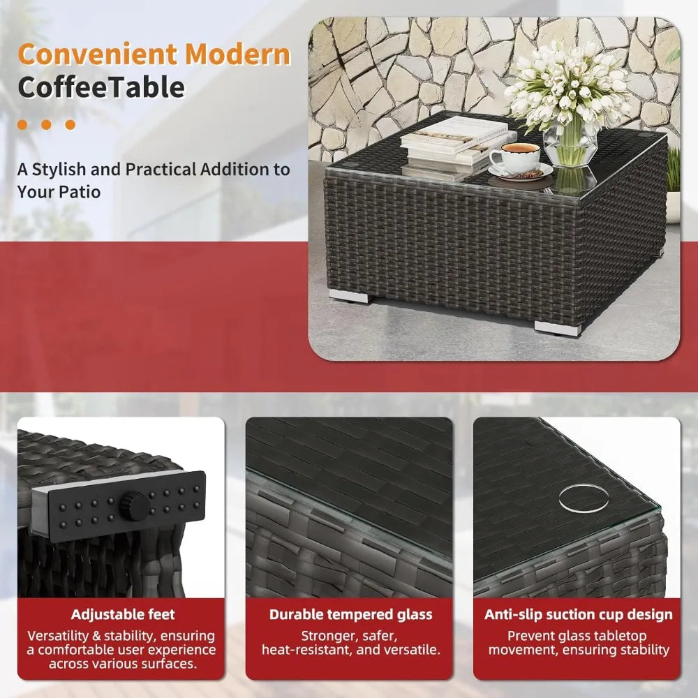 Outdoor Patio Furniture Set Rattan Wicker With Glass Top Table And Cushions