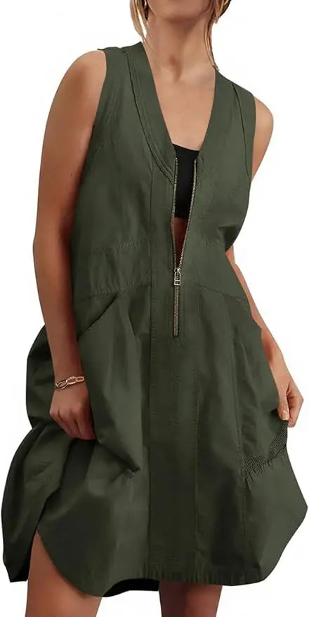 Fisoew Women Sleeveless V Neck Summer Dress With Convenient Pockets
